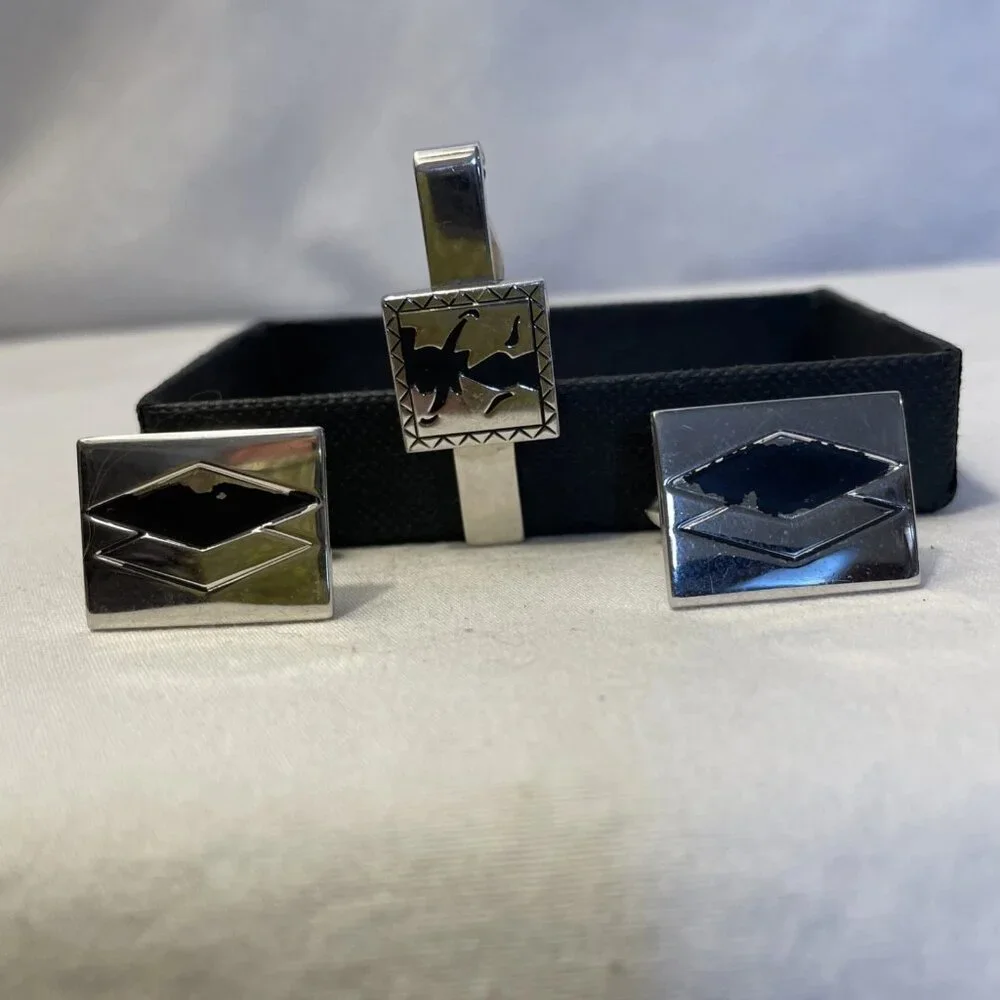Vintage Swank Tie Tack Pin Cuff Links Silver Tone Black Accent Bullet Backing